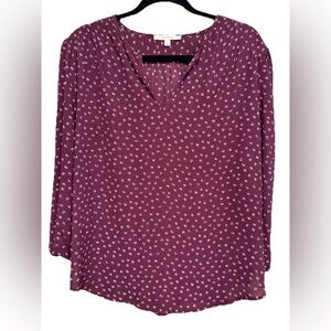 Fun 2 Fun Plum V Neck Blouse with White Dots, Size Large